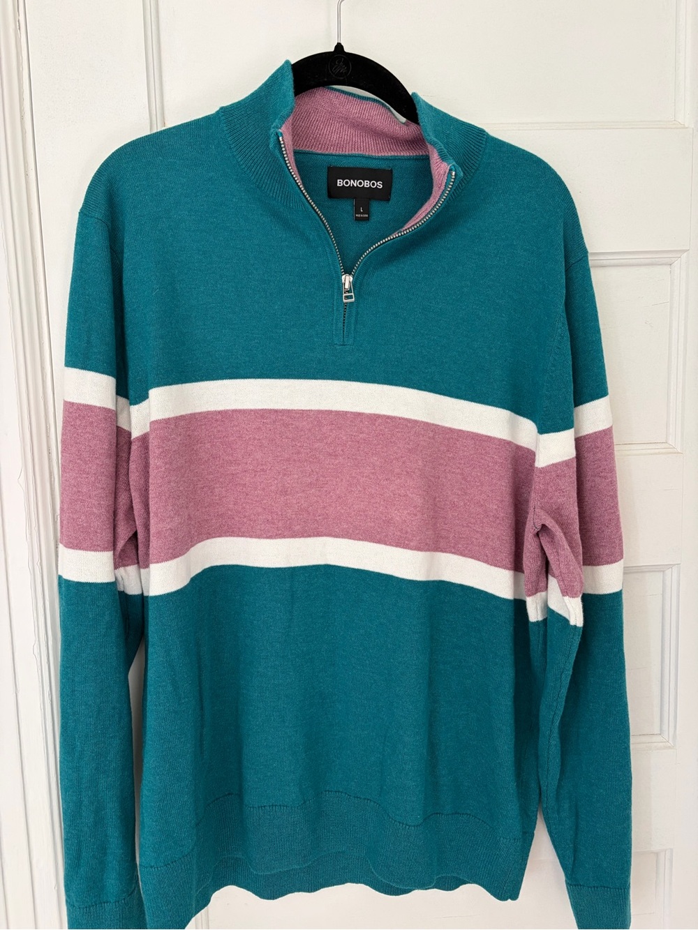 Bonobos Teal, Pink & White Striped Quarter-Zip Sweater
